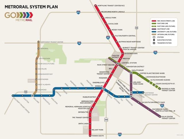 Mapa stacji metra w Houston