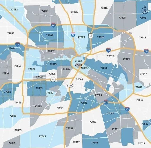 Mapa kodów pocztowych Houston