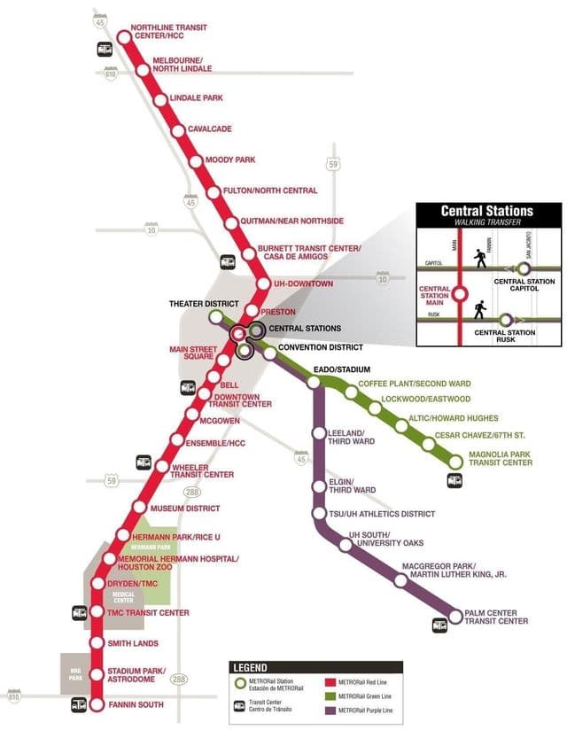 Mapa stacji metra w Houston