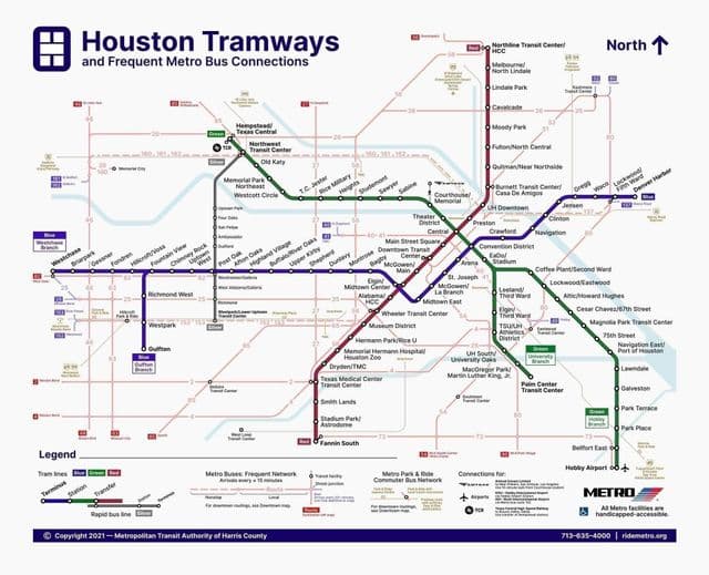 Mapa przystanków tramwajowych w Houston